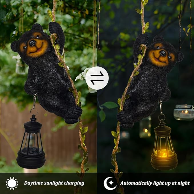 Solar Bear Figurine Lights Tree Hugger Outdoor Garden Decor for Outside Yard Patio Porch Balcony Fall Home,Best Gifts for Garden Mom Grandma