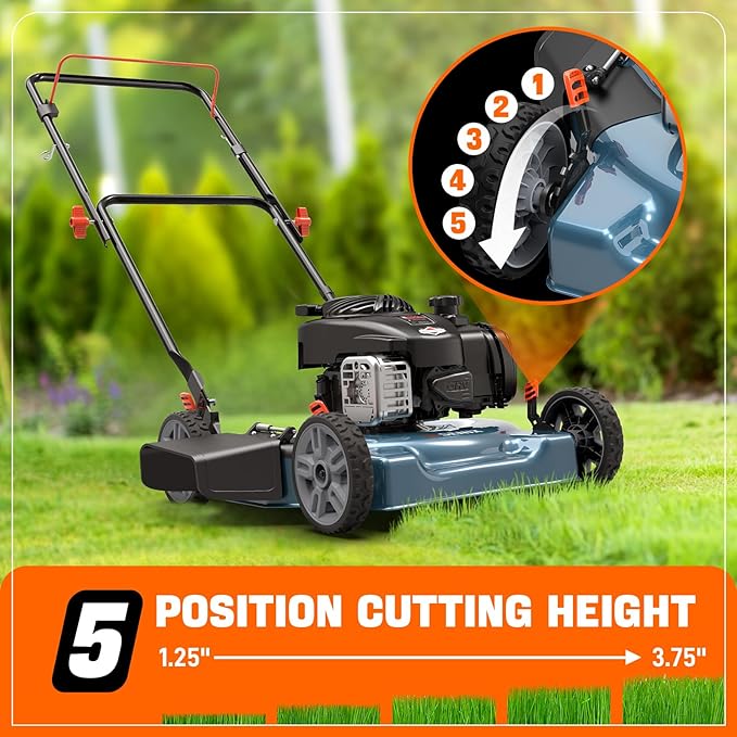 SENIX 20-Inch Gas Lawn Mower with 125 cc 4-Cycle Briggs & Stratton Engine, Side Discharge, 5-Position Single Wheel Height Adjustment (LSPG-L3)