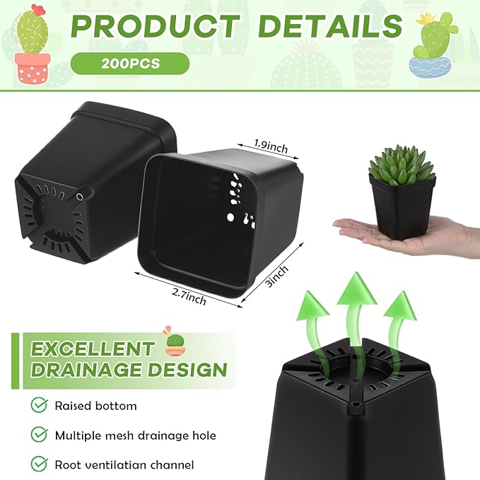 Yaomiao 200 Pack 3 Inch Black Nursery Pot Square Flower Pots Plastic Plant Succulent Planter Seed Starting Pots with Drainage Holes for Garden Office Balcony Decor Indoor Outdoor Plant Seedling