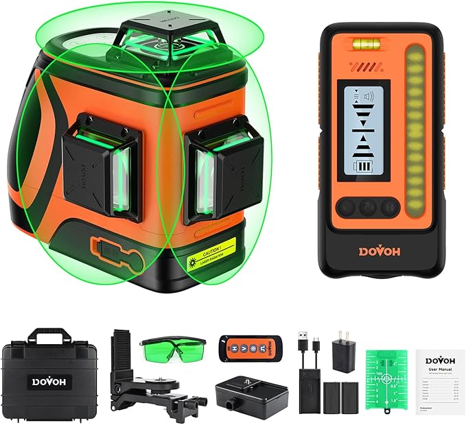 Outdoor Laser Level with Receiver : Daylight High Visibility Laser Level 360 Self Leveling Up To 400ft Long Range 110mw High Power Green with Detector Outside Construction Landscaping, H3-360G