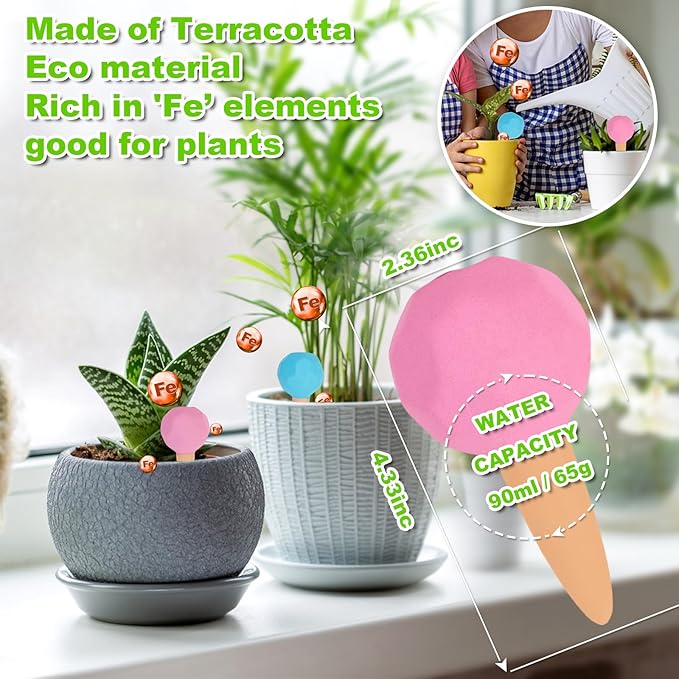 4-Pack Terracotta Self-Watering Spikes | Eco-Friendly Iron-Rich Clay Olla Irrigation System | Vacation Plant Sitter for Potted Flowers, Herbs, and Succulents
