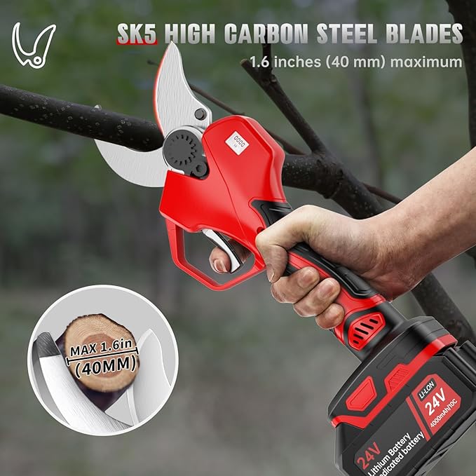 Professional Cordless Electric Pruning Shears, Cutting (40MM)1.6inch Diameter Professional Heavy Duty Garden Pruner,2pcs 4AH Rechargeable 24V Lithium Battery -2 Set Blades