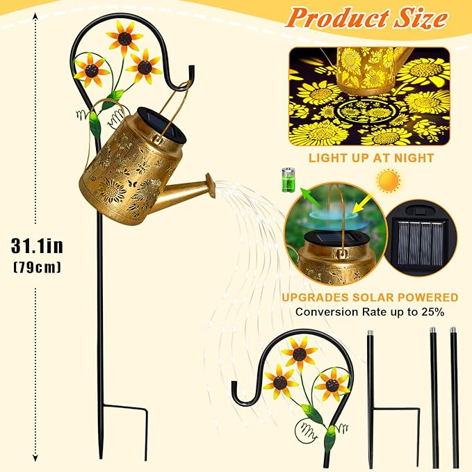Christmas Gifts Sunflower Solar Watering Can Lights, Outdoor Waterproof Garden Lanterns with Shepherd Hook, Solar Garden Decor for Yard Outdoor Landscape Pathway, Gift for Women Mom Grandma, 2 Pack
