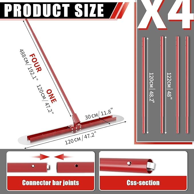 48''x12'' Concrete Bull Float Kit, Concrete Float with 4 Extendable Poles, Round End Stainless Steel Concrete Finishing Trowel for Plaster, Concrete Resurfacing, Custom Tiling Jobs