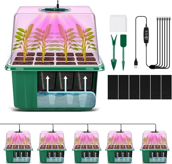 YAUNGEL Self-Watering Seed Starter Trays with Grow Light, 6-Pack 72-Cell with Timing Controller Adjustable Brightness Thicken Seed Starter Kit Humidity Dome Heightened Lids, Gift Box