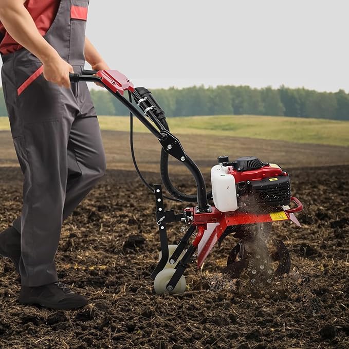63CC Garden Tiller Cultivator, 4-Stroke Gas Powered Engine Rototiller Garden Tool with Widened Mud Flap Cordless with Long Handle Strong Power Garden Cultivator for Plowing Turning Soil Ditching