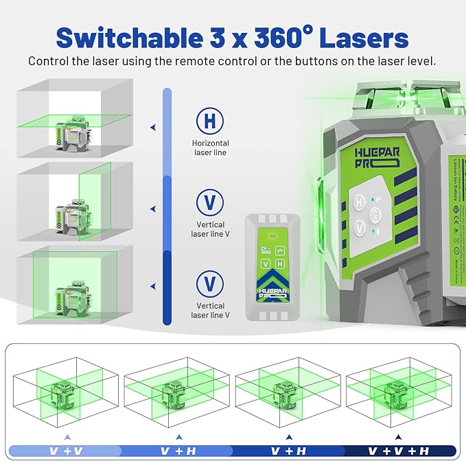 Laser Level 360 Self Leveling with 50inch Tripod, Huepar Pro 3 x 360° High Brightness Green Laser Leveler Tool for Construction, Tile and Picture Hanging, 8000mAh Li-ion Battery & Magnetic Bracket