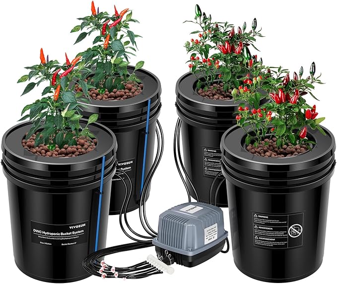 VIVOSUN DWC Hydroponics Grow System with Top Drip Kit, 5-Gallon Deep Water Culture, Recirculating Drip Garden System with Multi-Purpose Air Hose, Air Pump, and Air Stone (4 Buckets + Top Drip Kit)