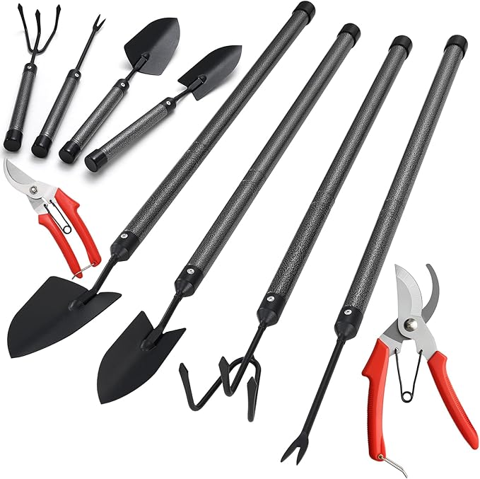 Garden Tools Set with Extension Handles, 5 Piece Thick Gardening Hand Tools, Heavy Duty Steel Rust-Proof Weeding Planting Tool Ideal Gardening Kit Gifts for Women and Men