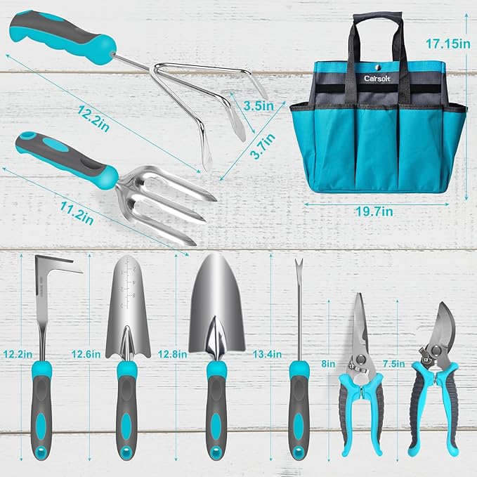 Gardening Tools, Carsolt 10 Piece Heavy Duty Stainless Steel Garden Tools Set with Ergonomic Rubber Handle. Variety of Gardening Hand Tools with Gift Box Ideal Garden Gifts for Women