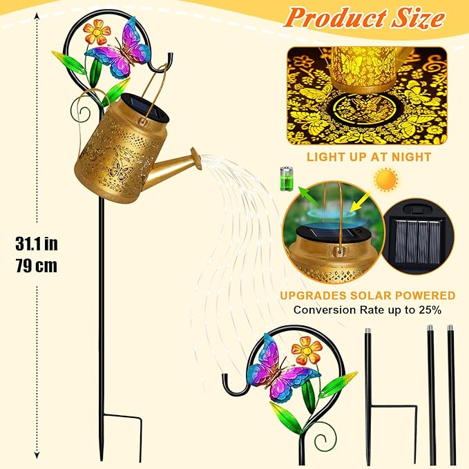 Christmas Gifts Solar Watering Can Lights Outdoor Garden Decor, Large Butterfly Hanging Lantern with Shepherd Hook, Waterproof Garden Lights for Outdoor Landscape Pathway Yard, Gift for Mom Grandma