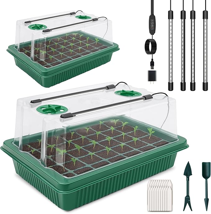 2 Pack 40-Cell Seed Starting Trays with Quad LED Grow Light, Indoor Garden Kit for Year-Round Vegetables, Includes Transplant Tools & Labels