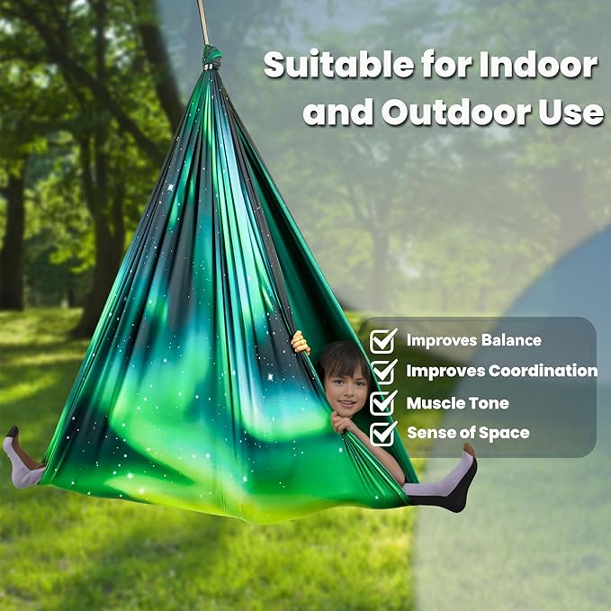 Sensory Swing for Kids Indoor & Outdoor Double Layer Therapy Cuddle Swing with 360° Swivel Hanger Kit Adjustable Swings for Child and Adult with Aspergers Autism (Aurora Green)