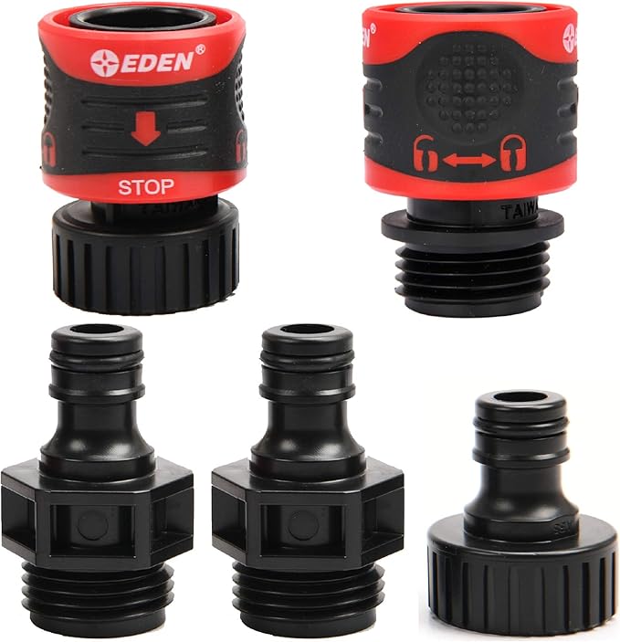 Eden 95124 Adjustable 4-Way Mini Turbo Oscillating Sprinkler W/Quick Connect Starter Set, Covers up to 4,069 sq. ft. Heavy Weight Base & 95210 Premium Garden Hose Fitting Quick Connect, 5 pc Set