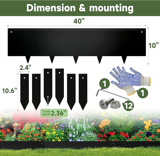 Steel Landscape Edging - 40" LX10 H Metal Garden Edging - Landscape Lawn Edging - 20FT Total 6 Pcs - No-Dig Hammer Heavy Duty Metal Edging Bendable Border Strips for Lawn Yard Black GJWCVL - 6 Clips