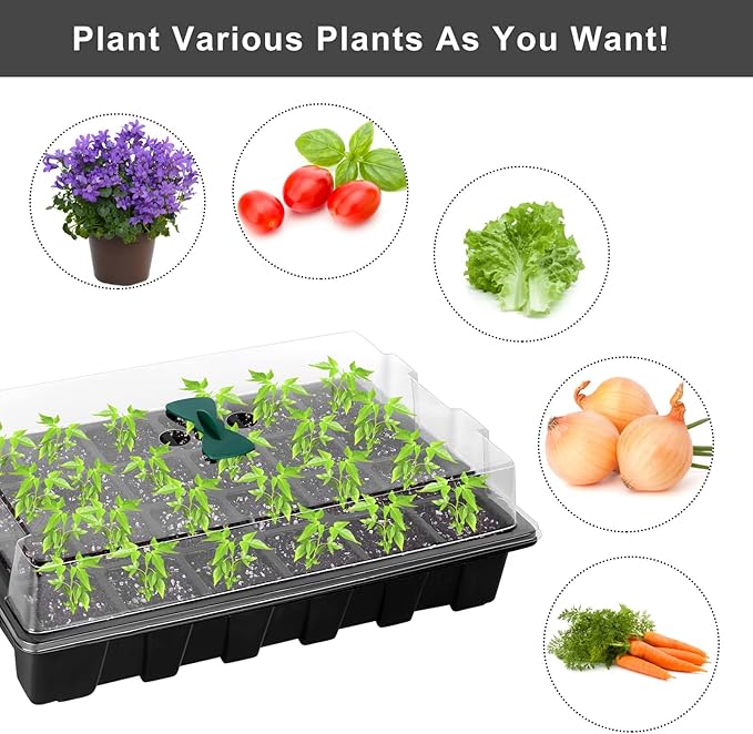 Elcoho 8 Pack 192 Cells Seed Starter Tray Kit Seedling Tray Propagator Plant Grow Tray with Humidity Dome and Base Plastic Planter for Greenhouse Germination Starter, 24 Cells per Tray, Black