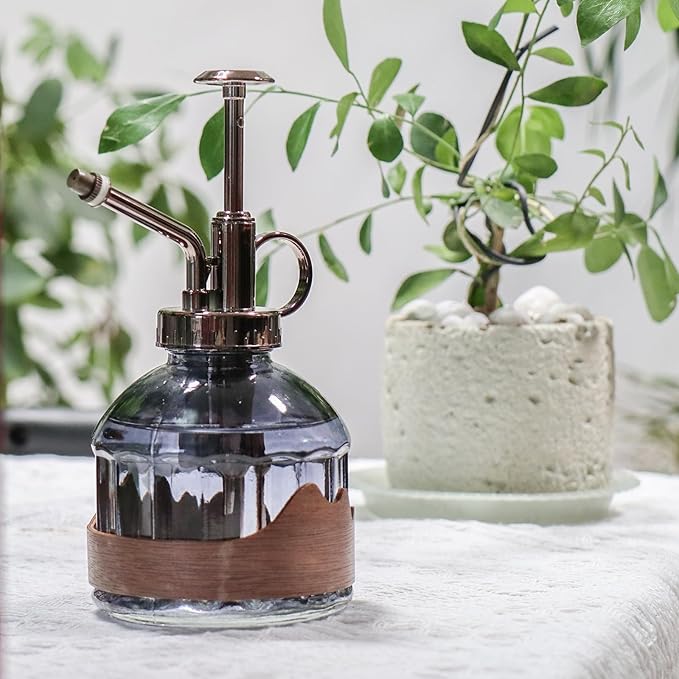 OFFIDIX Glass Plant Mister, 6.3 Inches Tall Vintage Style Spritzer Bronze Plastic Top Pump One Hand Watering Can Indoor Plant Spray Bottle for Garden, Plants, Cleaning (Distant Hill)