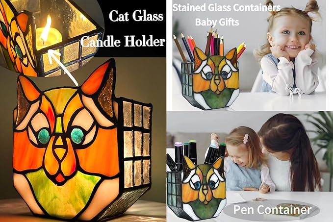 Cat Flower Pots for Indoor Plants,Stained Glass Plant Displays,Cat Succulent Planter,Candle Holder Container Decoration,4.6x5.15x2.3 in (Without Succulents)
