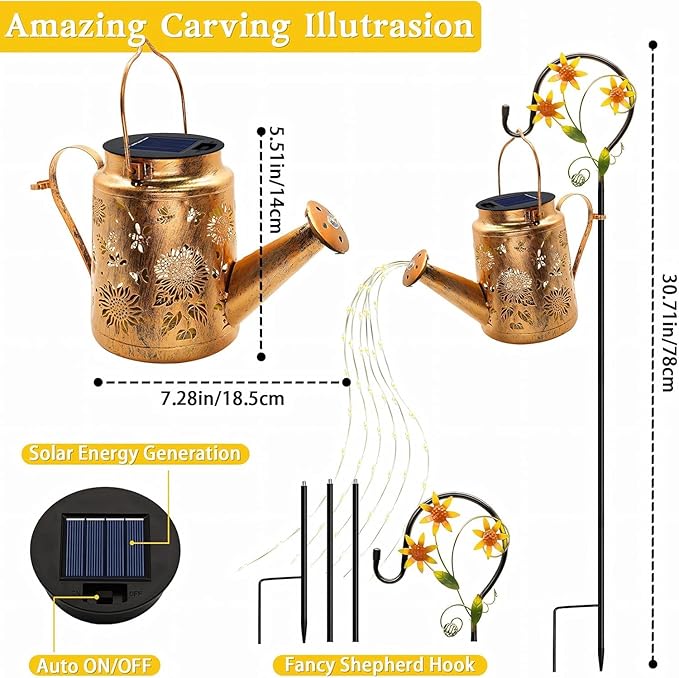 Solar Lanterns Outdoor, Sunflower Watering Can lights, Waterproof Hanging Lanterns Solar Path Lights Outside Yard Patio Gardren Decor, Gardening Birthday Gifts for Mom Grandma Women with Shepherd Hook