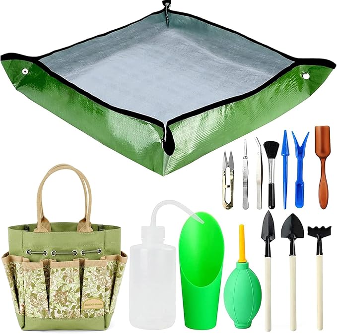 G GOOD GAIN Garden Succulent Kit with Organizer Bag, 15 Pieces Succulent Tools, Indoor Mini Hand Gardening Tools Set with Carrier for Bonsai Planter Miniature Fairy Planting Care(Honeysuckle)
