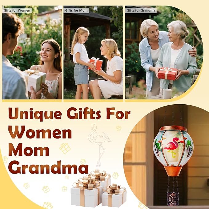 Flamingo Solar Hot Air Balloon Lantern, Outdoor Decor with Flame Lights Waterproof, Hanging Lights for Garden Yard Lawn Patio, Unique Gifts for Women Mom Grandma Gardener for Mother'Day