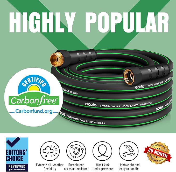 Garden Hose 25ft with 10 Function Nozzle, NON-EXPANDABLE Flexible Water Hose, Kink Resistant Lightweight Hybrid Hose, Leakproof Hose Male to Female Fittings
