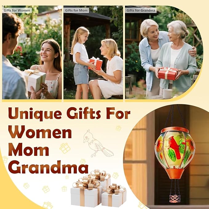 Solar Hot Air Balloon Lantern with Flame, Cardinal Glass Solar Hanging Lights Outdoor Yard Patio Farmhouse Decoration, Cardinal Gifts for Women Grandma Mom(4 Pack)