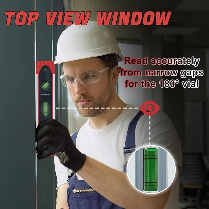 MELOTOUGH 9 Inch Torpedo Level Magnetic,Small Leveler Tool,Spirit Level with 45/90/180 Bubbles,V-Groove,Shock Resistant Leveler,Red