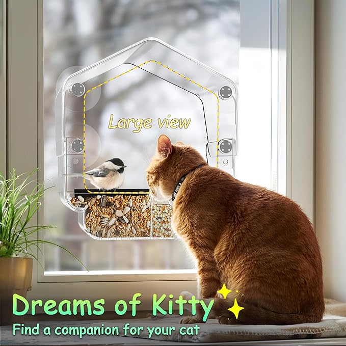 Ermete Window Bird Feeder with Strong Suction Cups, Large View Clear Feeder, Seed Tray, 13in x 5.5in x 4.2in for Outside Weather Proof (S2)