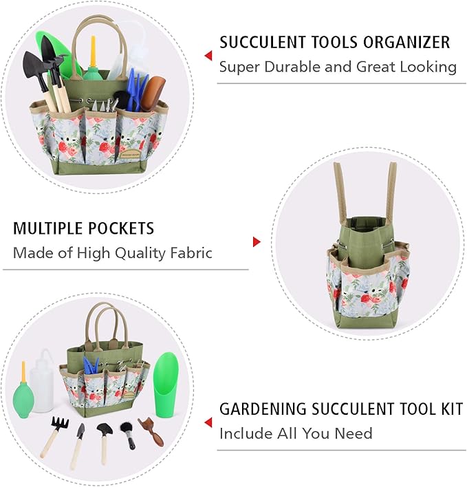 G GOOD GAIN Garden Succulent Kit with Organizer Bag, 15Pieces Succulent Tools, Indoor Mini Hand Gardening Tools Set with Carrier for Bonsai Planter Miniature Fairy Planting Care(Rose)
