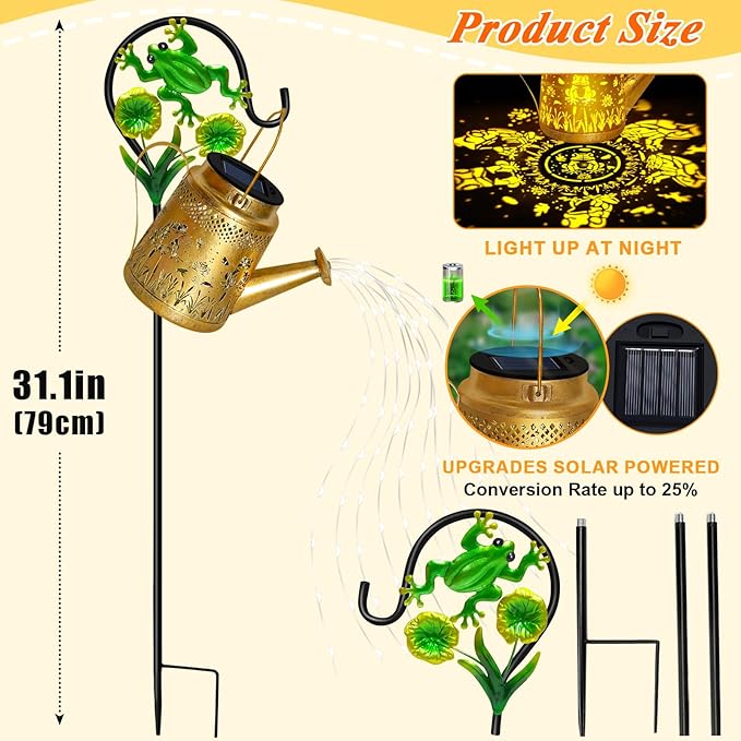 Christma Gifts Solar Lanterns Outdoor Garden Decor, Mothers Day Gifts for Women Mom Grandma Birthday, Large Frog Hanging Watering Can with Shepherd Hook, Waterproof Garden Lights for Outdoor Yard