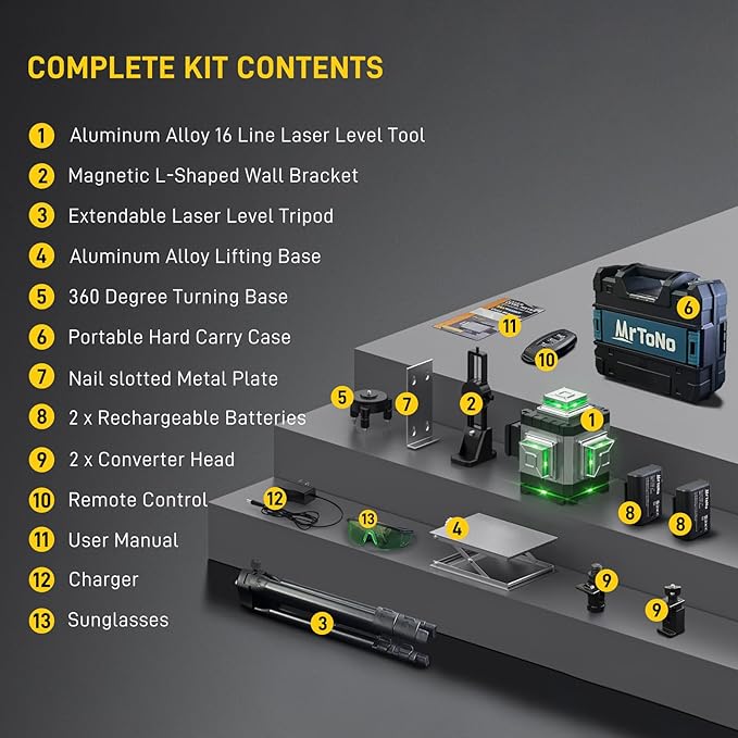 Laser Level, MrToNo 4 x 360 °laser level 360 self leveling, 16 Lines 4D lazer leveler tool Green 360 laser level, for Construction, Ceiling, Tiling, Framing, Home Renovation, Picture Hanging (Silver)