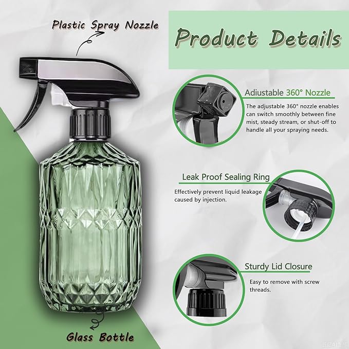 Glass Handheld Spray Bottle, 15oz Refillable Water Bottle Spray, Reusable Adjustable Nozzle Plant Mister Spray Bottles Indoor, Plant Mister for Hair, Cleaning, Gardening, Pets Care (Green)