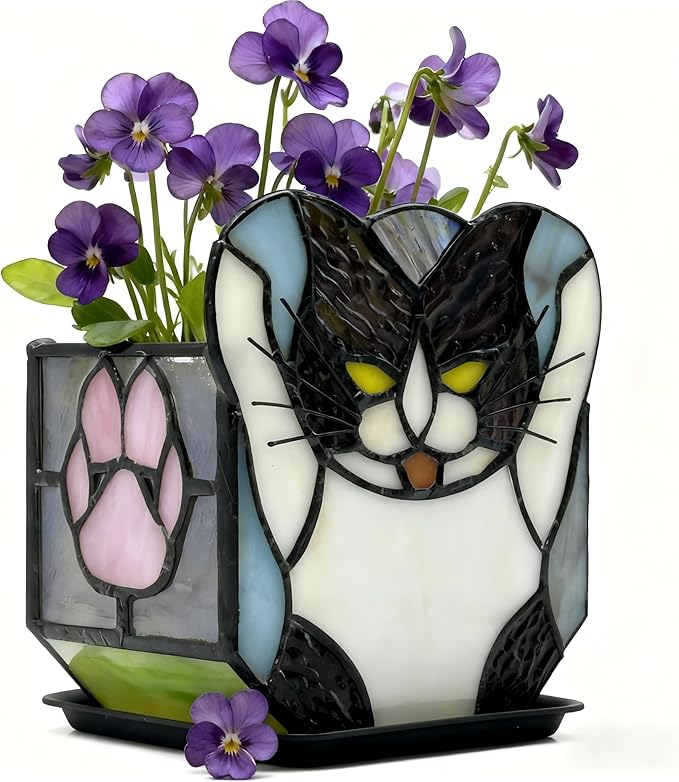 Stained Glass Black Cat Planter, Succulent Pot with Drainage, Indoor Plant Container, Decorative Pencil Holder, Teacher Gift
