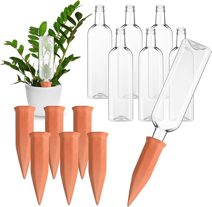 Dandat 12 Pcs 34oz Plant Watering Devices Include Terracotta Self Watering Spikes with 1000ml Plastic Bottles Slow Release Vacation Insert Automatic Plant Waterer Self Water Planter for Garden
