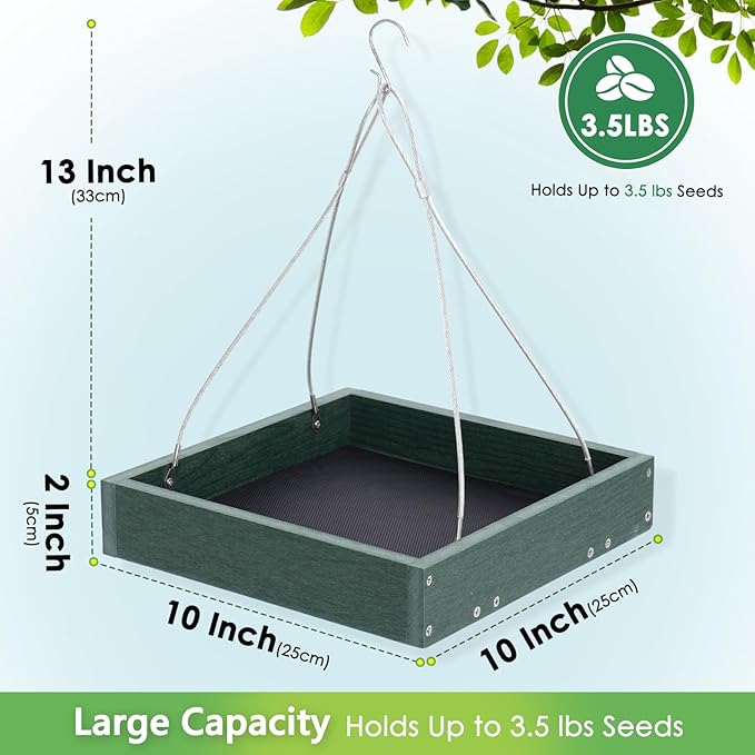 Gtongoko Platform Bird Feeder Hanging, Durable, Recycled Plastic Seed Tray Bird Feeder for Outdoors with Metal Mesh Bottom Large 3.5 lbs Capacity Weather-Resistant for Garden Yard, Green