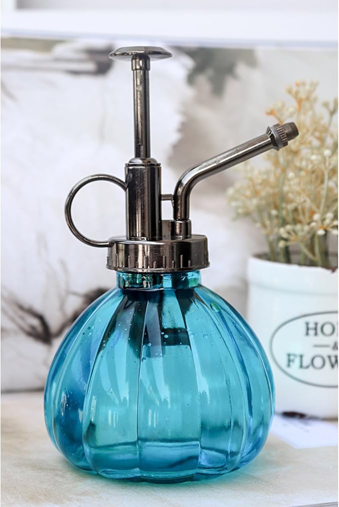 Plant Mister, 6.5" Tall Vintage Style Decorative Glass Water Spray Bottle with Top Pump Small Watering Can (Blue)