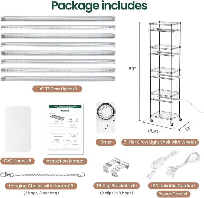 SOLIGT Plant Shelf with Grow Lights, 5 Tier Grow Light Stand Rack with 8 Pack 16“ 6000K T5 Full Spectrum Led Grow Lights for Indoor Plants, Seed Starting, Seedling Growing, Timer Included