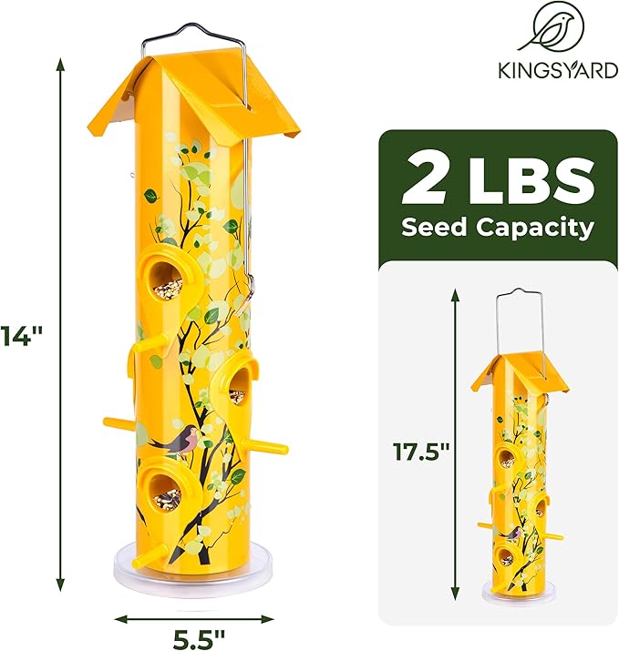 Kingsyard Metal Bird Feeders for Outdoors Hanging, 6-Ports Tube Bird Feeder, 14 inch, Durable & Weatherproof, Large Capacity for Attracting Wild Birds (Yellow)