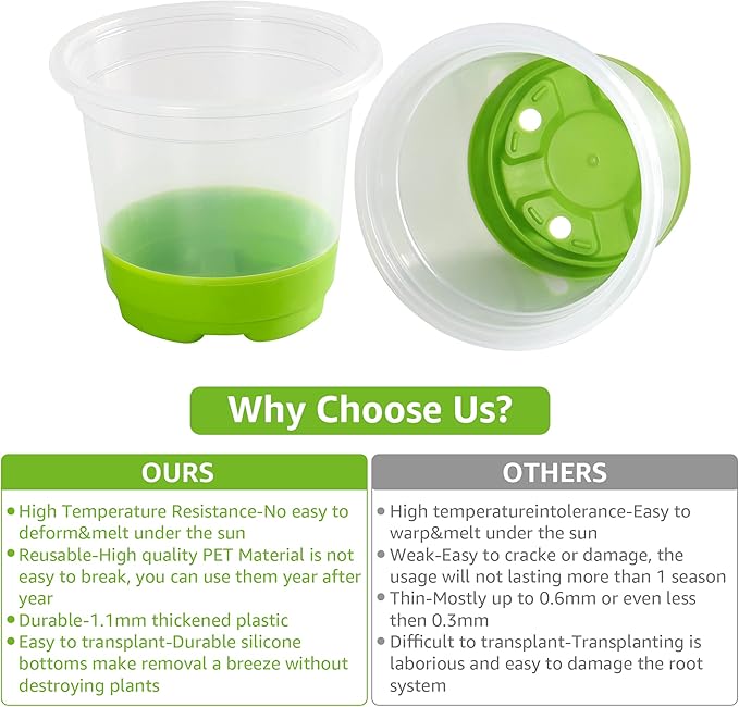 MIXC Thickened Clear Nursery Pots with Silicone Base for Easy Transplant 30 Packs 4 Inch, Transparent Plant Pot Reusable Seedling Pots for Vegetable Propagation, Root Cutting, Seed Starting, Green