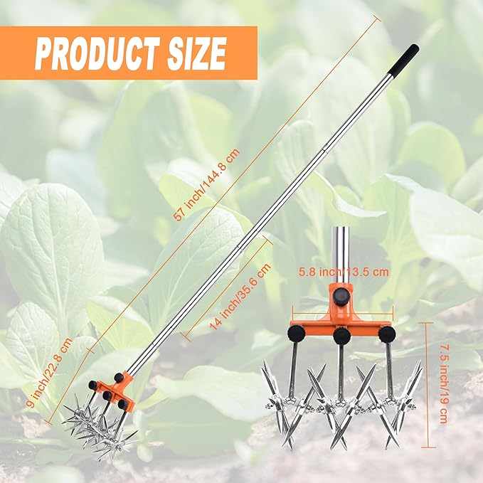Rotary Cultivator Garden Rotary Tiller Adjustable Stainless Steel Poles Hand Tiller for Soil Mixing or Reseeding Grass Lawn Tiller Total Length 57 Inch