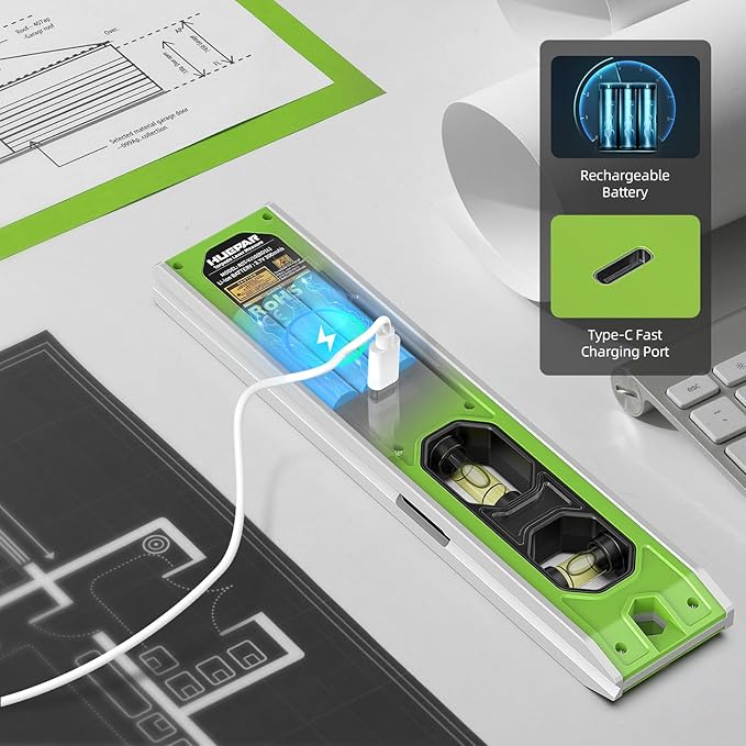 Huepar 3-in-1 Laser Level /65Ft Laser Distance Measure/Magnetic Torpedo Level, 9 in Spirit Level with LED Display and Lighted Bubble, Type C Rechargeable Magnetic Laser Leveler Tool - VJ10