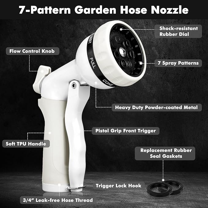 RESTMO Garden Hose Nozzle, Heavy Duty Metal Water Hose Nozzle with 7 Adjustable Spray Patterns, High Pressure Hand Sprayer with Flow Control, Best for Watering Plant & Lawn, Washing Car & Pet, White