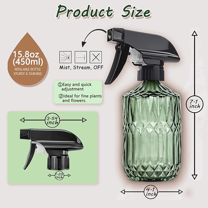 Glass Handheld Spray Bottle, 15oz Refillable Water Bottle Spray, Reusable Adjustable Nozzle Plant Mister Spray Bottles Indoor, Plant Mister for Hair, Cleaning, Gardening, Pets Care (Green)