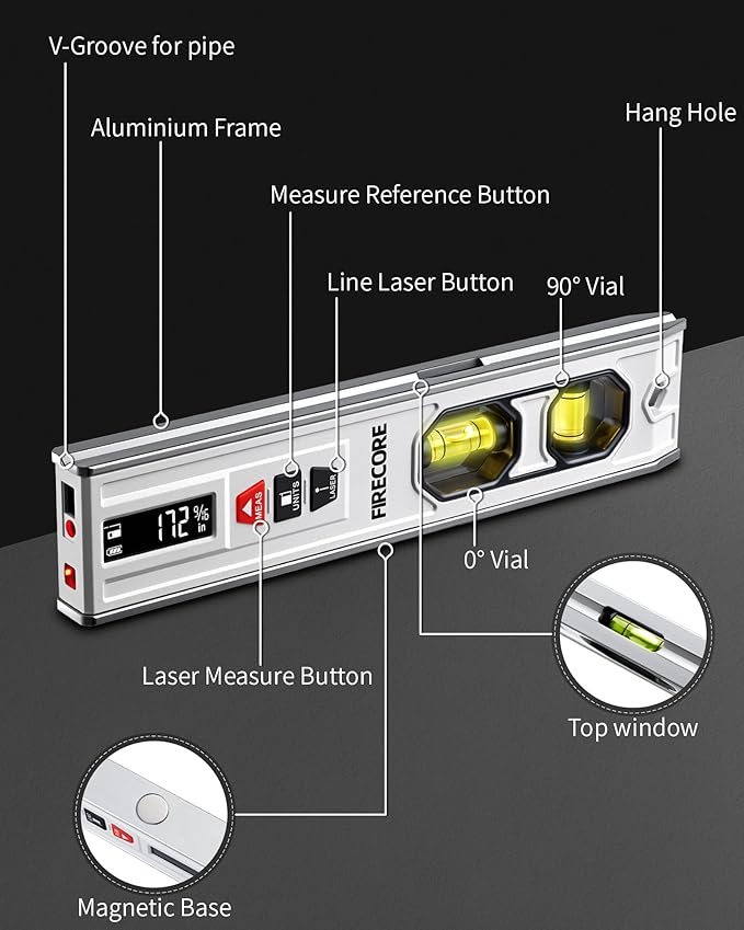 3-In-1 Spirit Level with 65ft Laser Distance Measure & 32ft Leveling Line, Firecore 9 Inch Torpedo Level Magnetic with Light, Rechargeable Small Digital Leveler Tool for Picture Hanging Construction