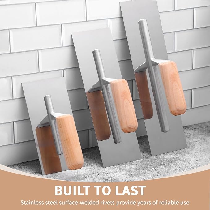 Lasnten 3 Piece Drywall Trowel, Stainless Steel Finishing Masonry Trowel Set Includes 14" x 4", 12" x 4", 8" x 3", Lightweight Wooden Handle, for Pool Concrete Cement Plastering Tool(Square Head)