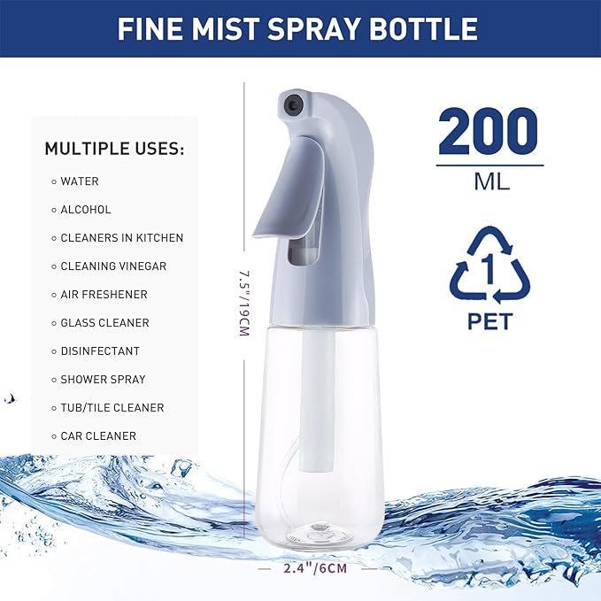 TANSHINE Continuous Spray Bottle for Hair,Ultra Fine Mist Water Hair Spray Bottles,Mister Spray Bottle,Refillable Plastic Sprayer for Hairstyling,Cleaning,Alcohol,Plants,Salons,6.8oz/200ml,Dusty Blue