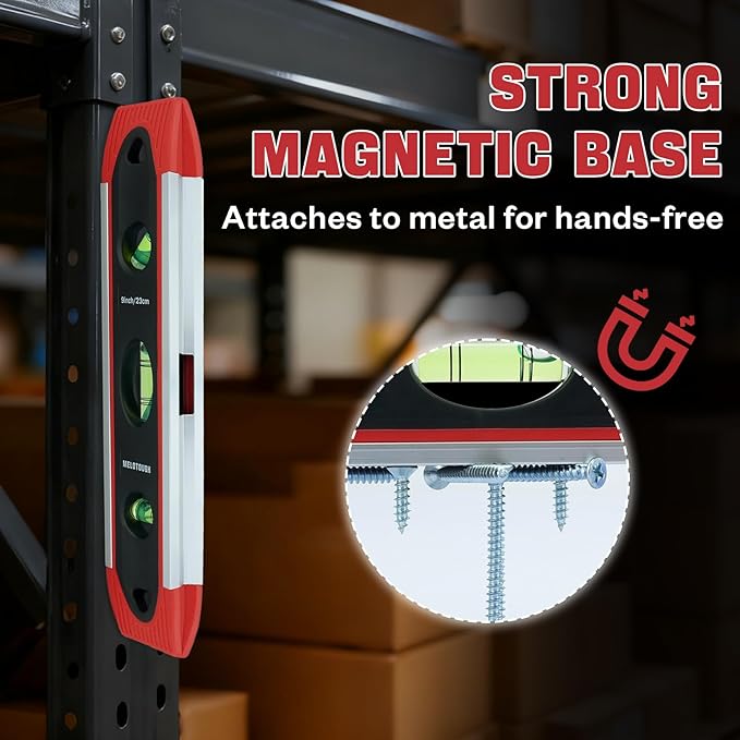 MELOTOUGH 9 Inch Torpedo Level Magnetic,Small Leveler Tool,Spirit Level with 45/90/180 Bubbles,V-Groove,Shock Resistant Leveler,Red(2PCS)