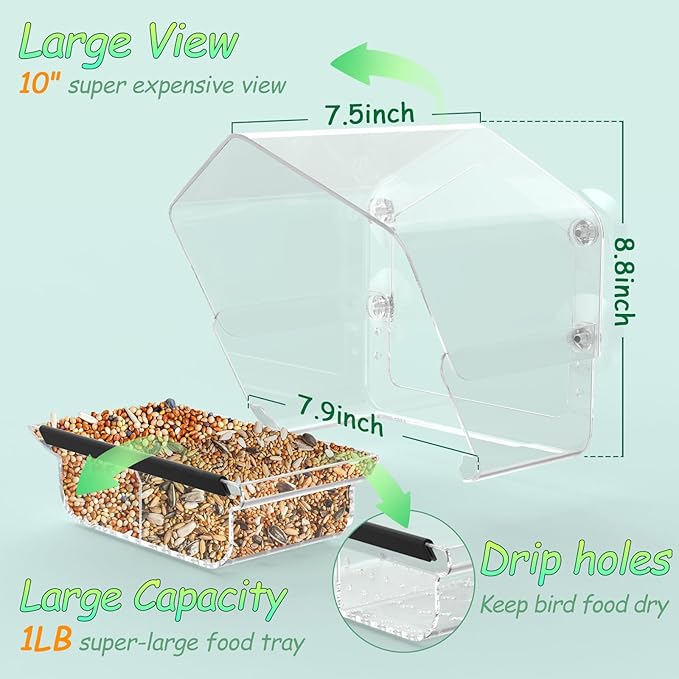 Ermete Window Bird Feeder with Strong Suction Cups, Large View Clear Feeder, Seed Tray, 13in x 5.5in x 4.2in for Outside Weather Proof (S2)