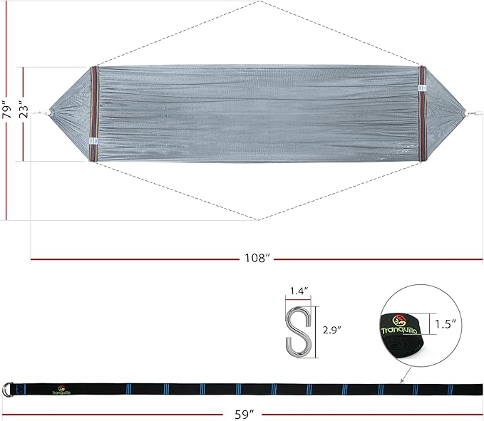 Tranquillo Hammock 550lbs Portable Camping Hammock with Hammock Tree Straps/Indoor Travel Patio Garden, Grey